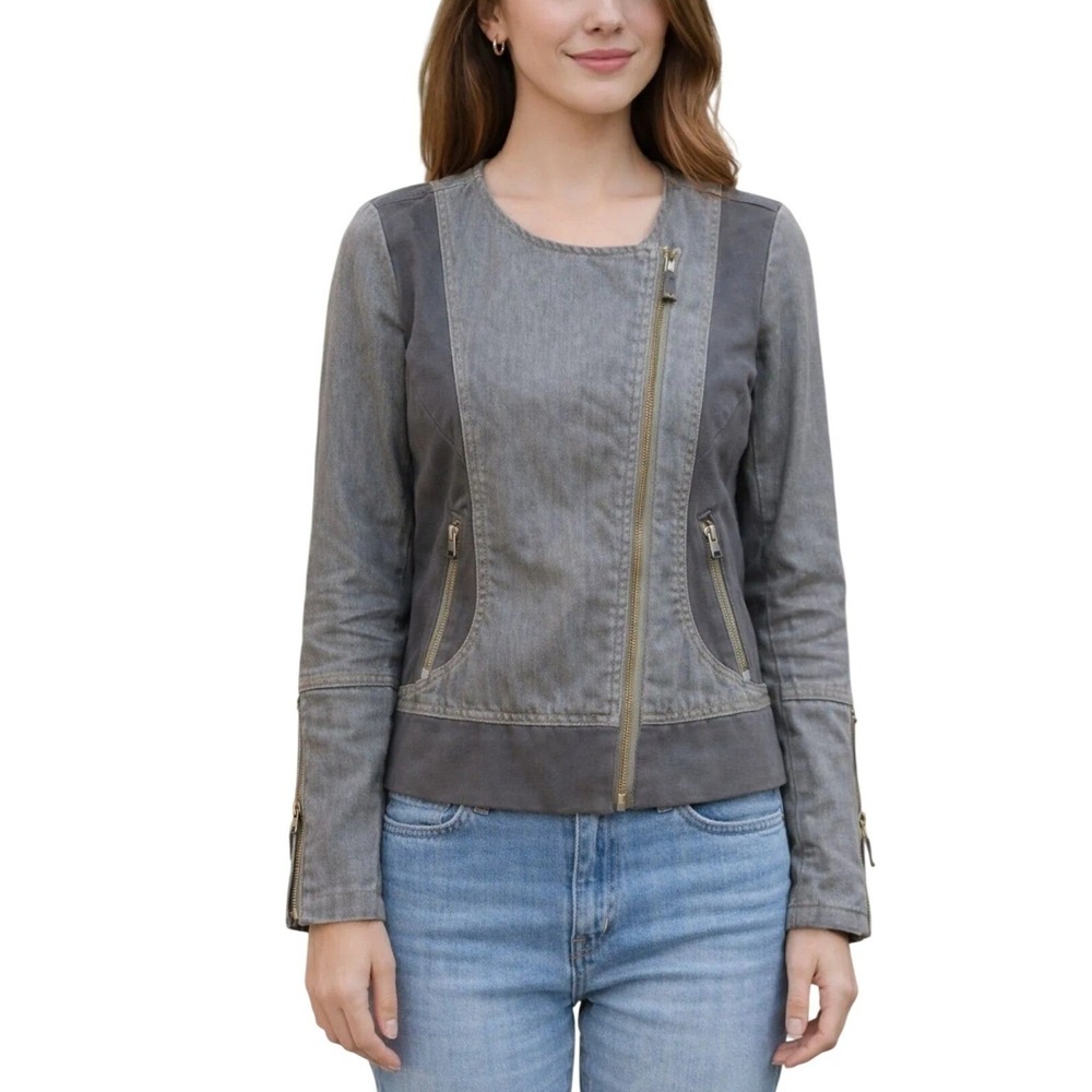 Sundance Jacket Womens 8 Gray Asymmetric Zip Mixed Media Denim Knit Moto Biker